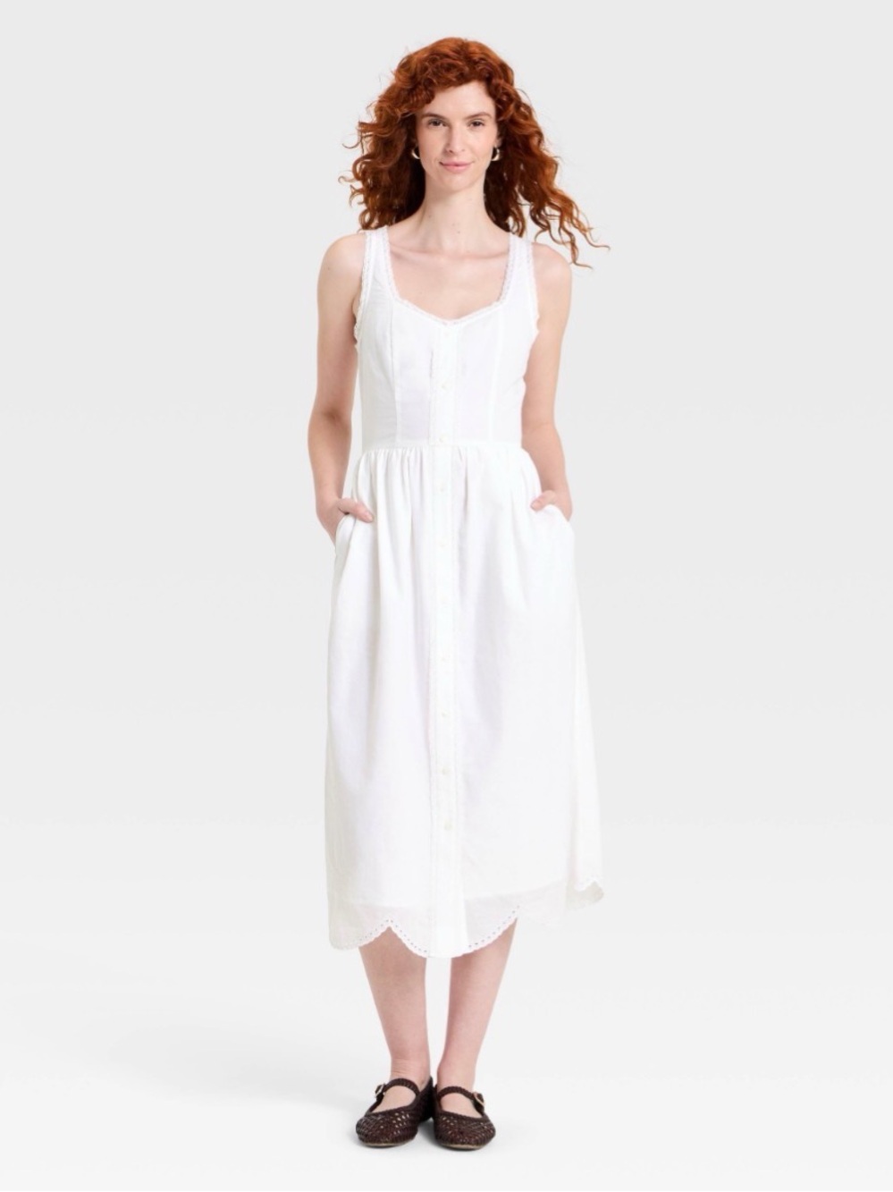 NWT Universal Threads Coastal Boho Sleeveless White Button-Front Midi Dress NEW!
